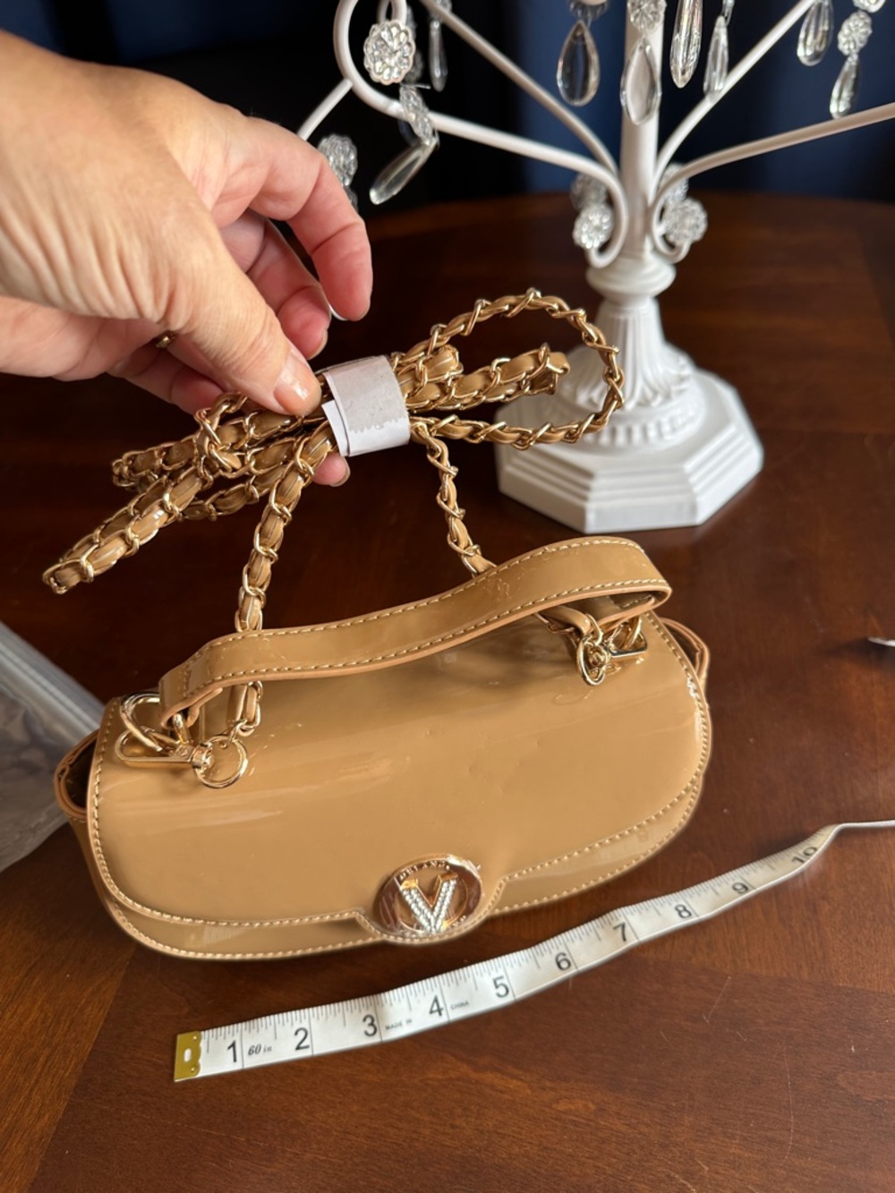 Valentino Orlandi Tan Patent Mini Shoulder Bag with Gold Chain